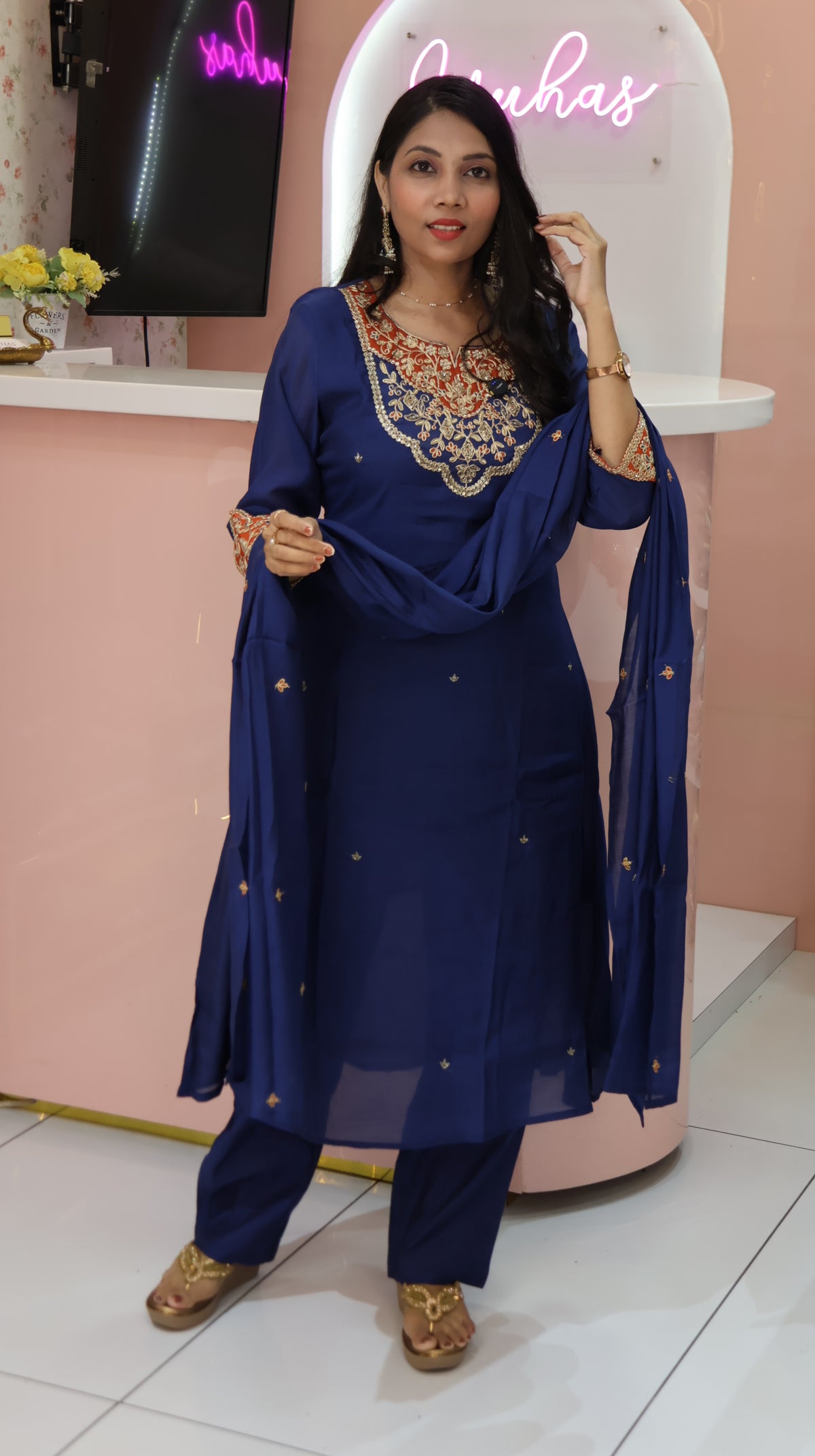 Premium Blue Mul chanderi Partywear Salwar- YVS514