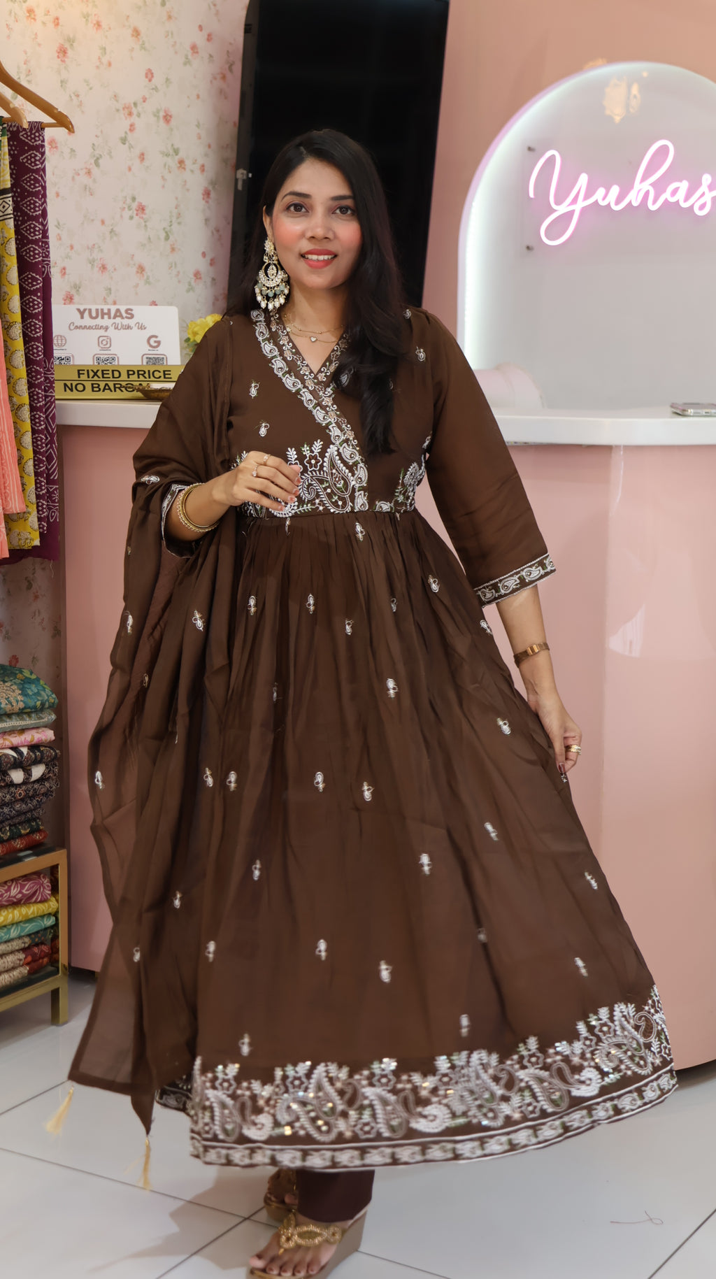 Premium Mul Chanderi Coffee Anarkali Salwar- YVS618