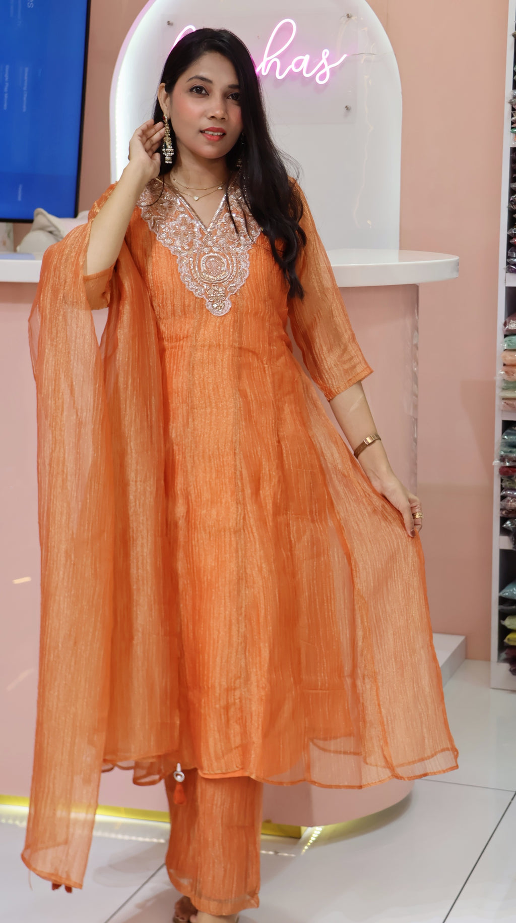 Premium salsa Orange Partywear Anarkali Salwar- YVS706