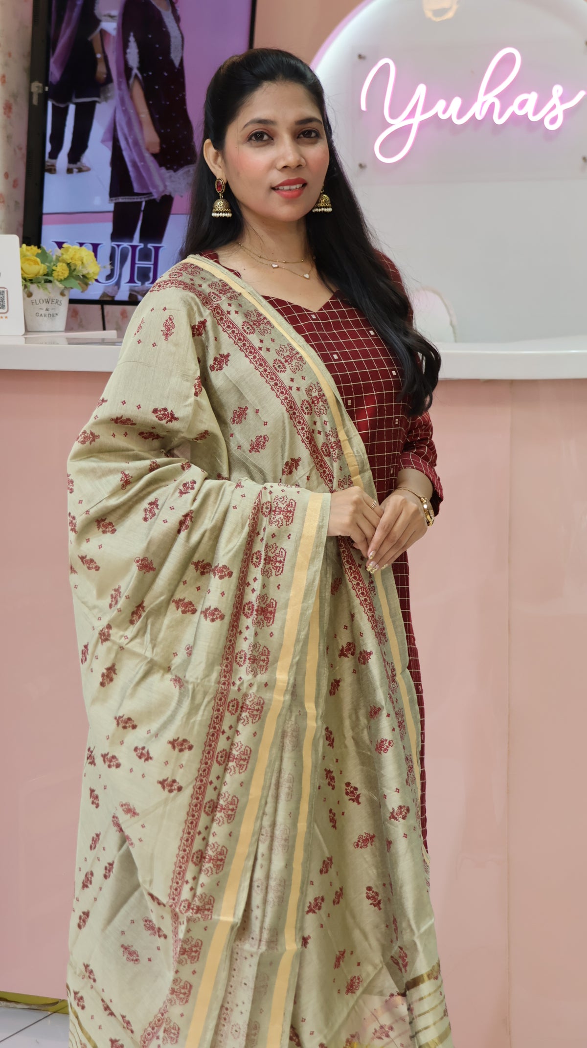 Handloom Maroon Checked Raw Silk Salwar -YVS775