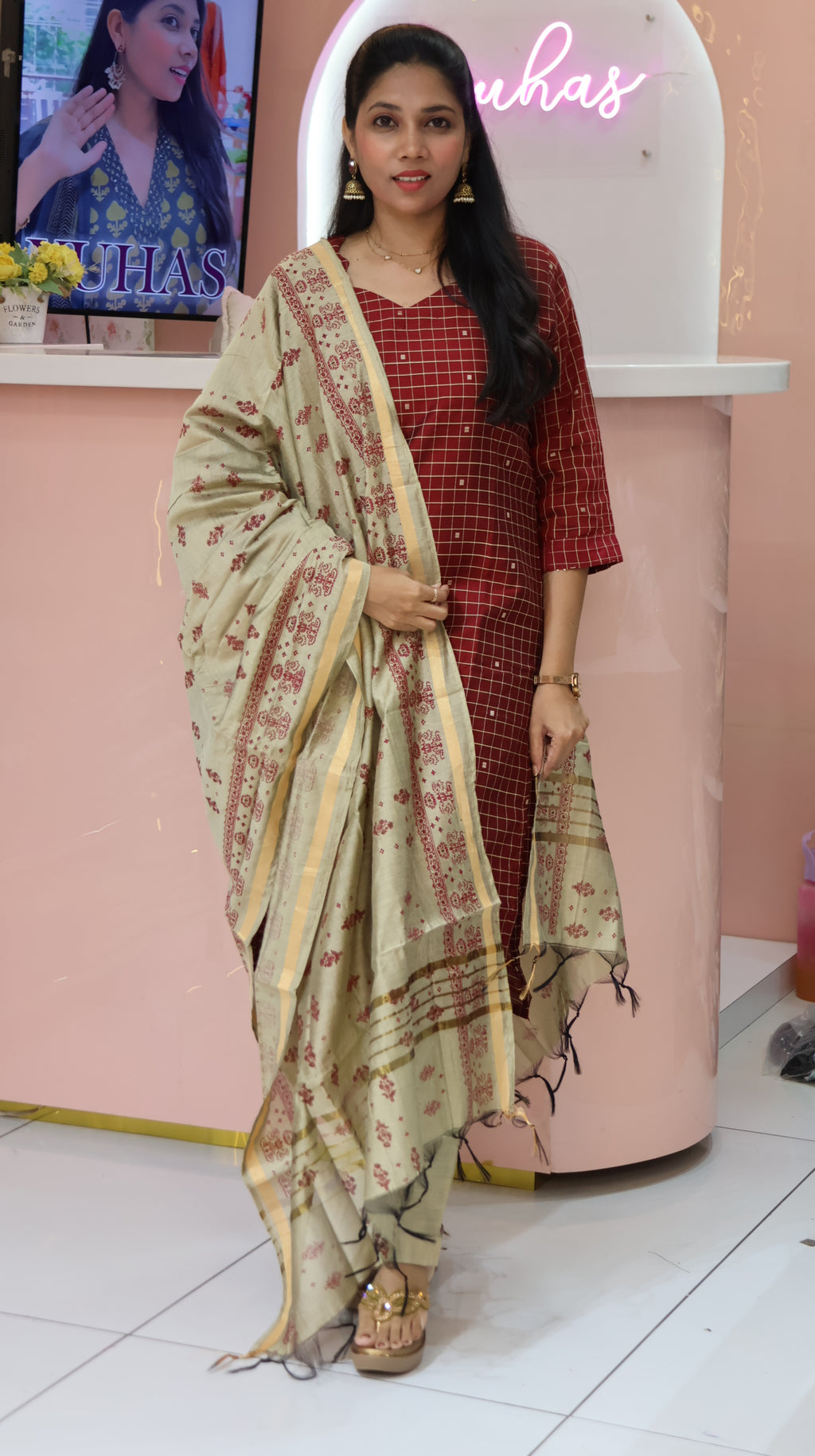 Handloom Maroon Checked Raw Silk Salwar -YVS775