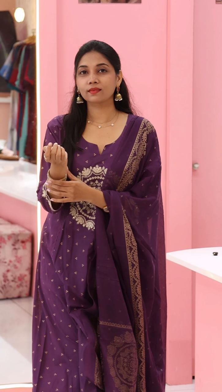 purple cotton work anarkali