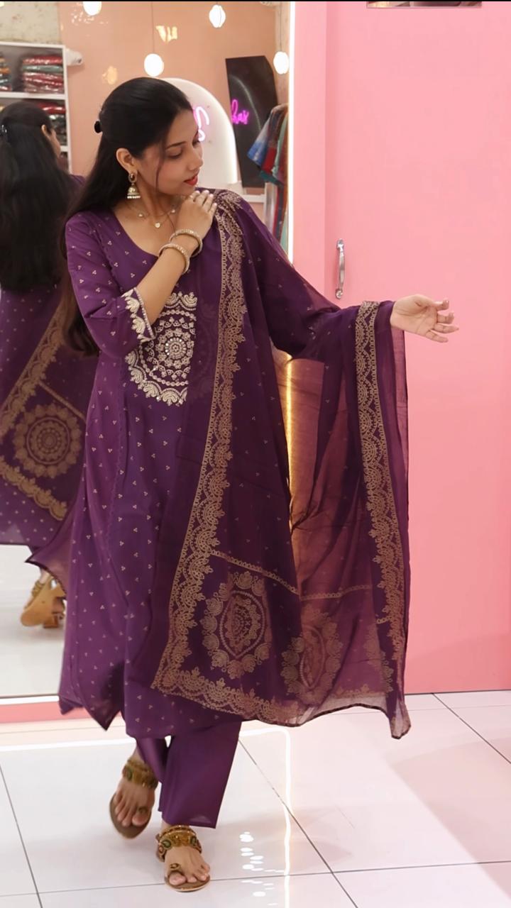 purple cotton work anarkali