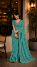 Seafoam Green Glossy organza in embroidery work and tapping border