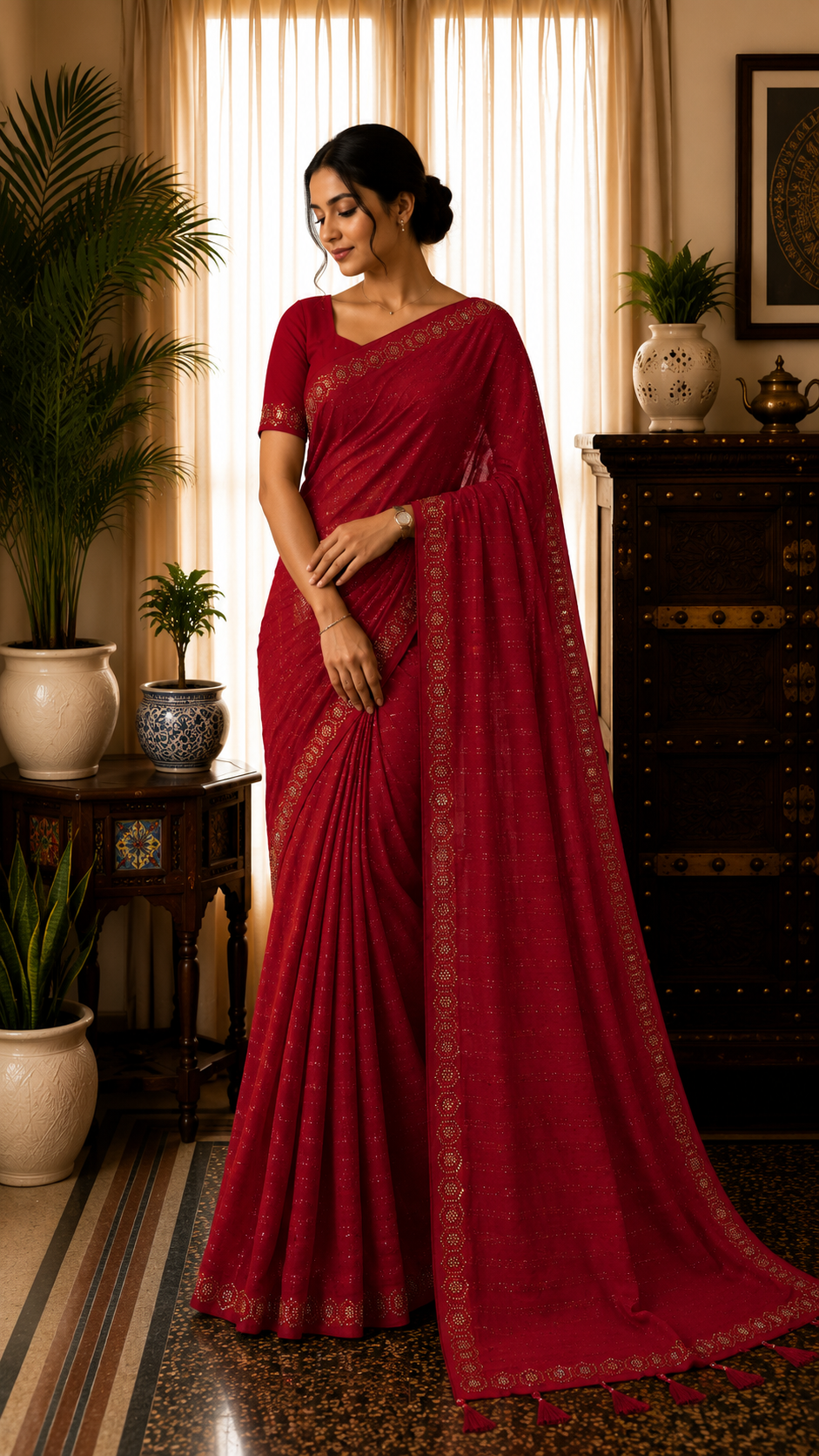 Red Bollywood Designer Georgette with heavy rhinestone work -CBG176