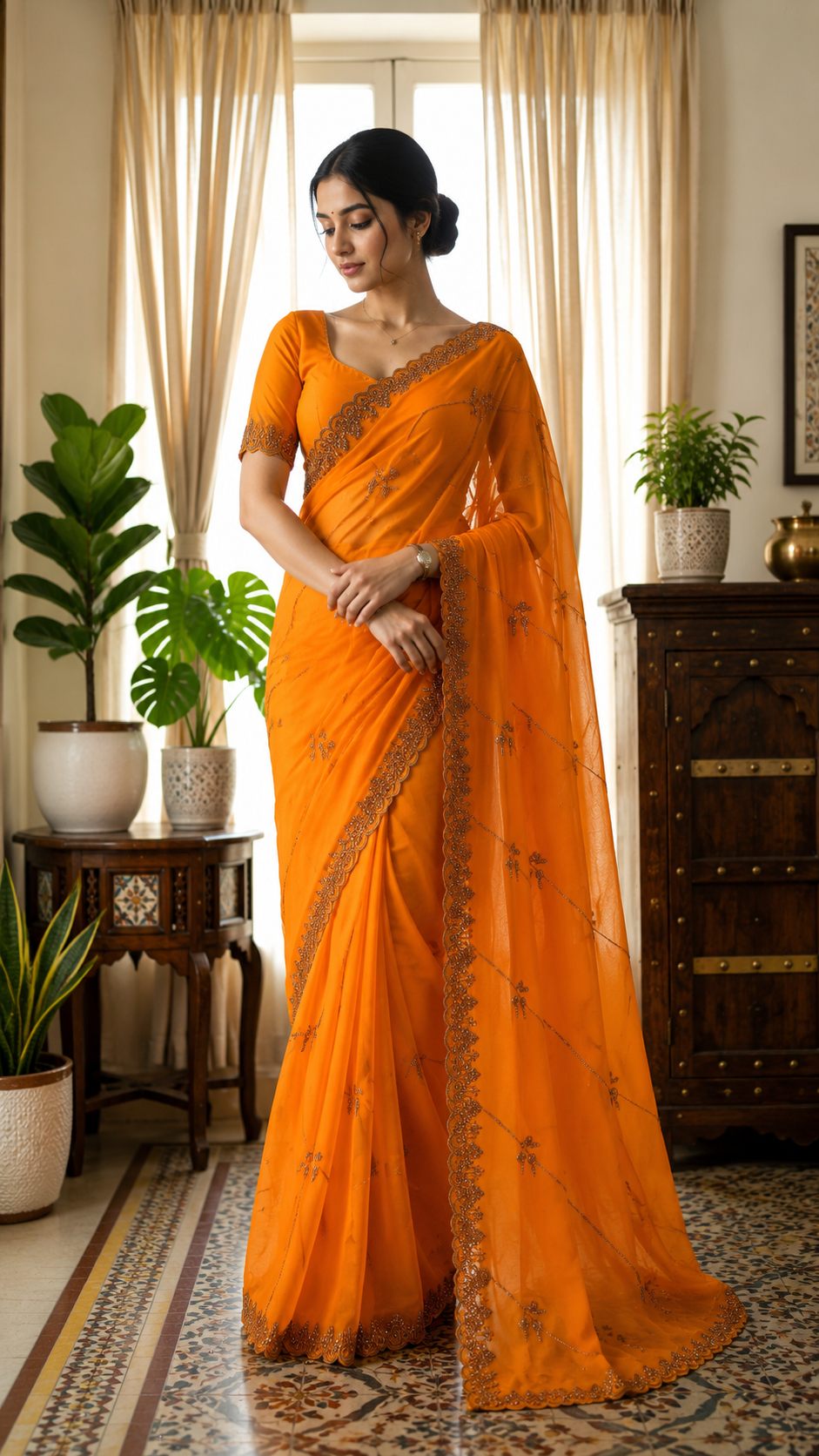 Yellow Georgette Designer with embroidery and pearl work