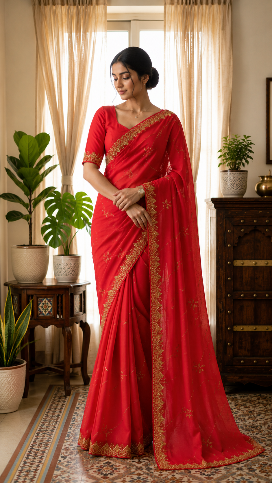 Coral Color Georgette Designer with embroidery and pearl work - CBG186