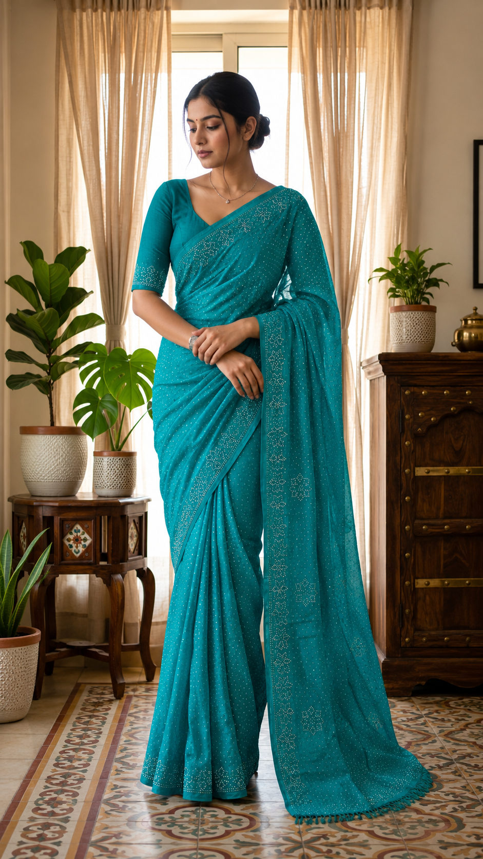 Ocean blue Designer Georgette Sarees with embroidery Design and rhinestone work -CBG212