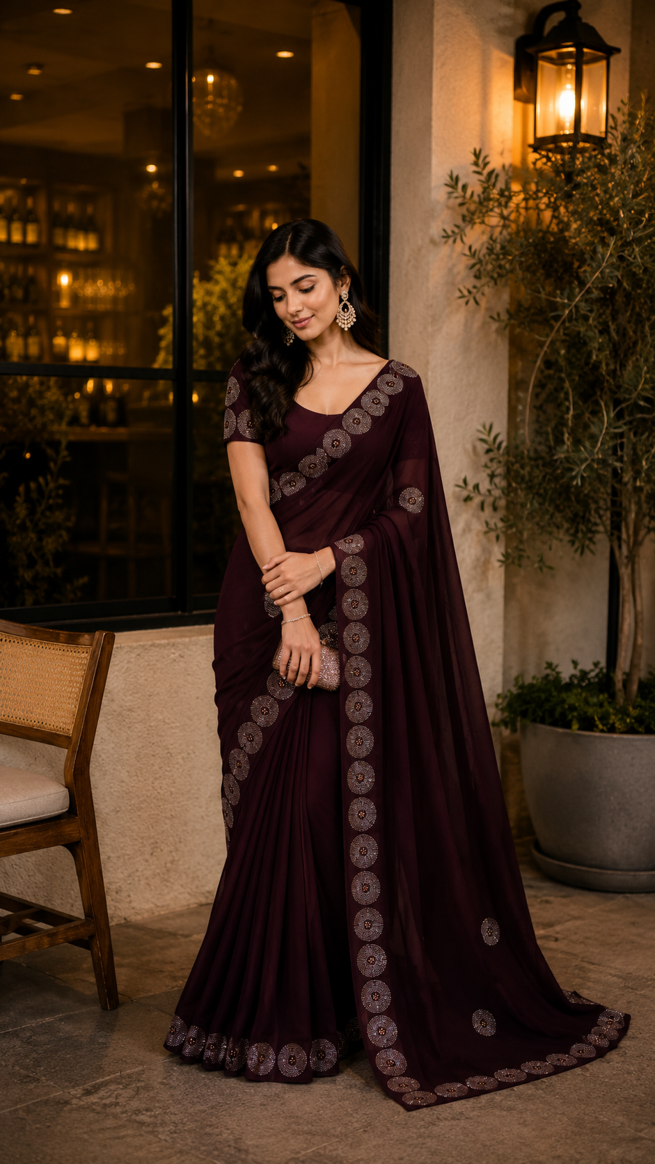 Wine Designer Georgette Sarees with embroidery Design and rhinestone work CBG214