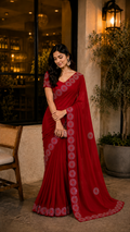 Red Designer Georgette Sarees with embroidery Design and rhinestone work -CBG215