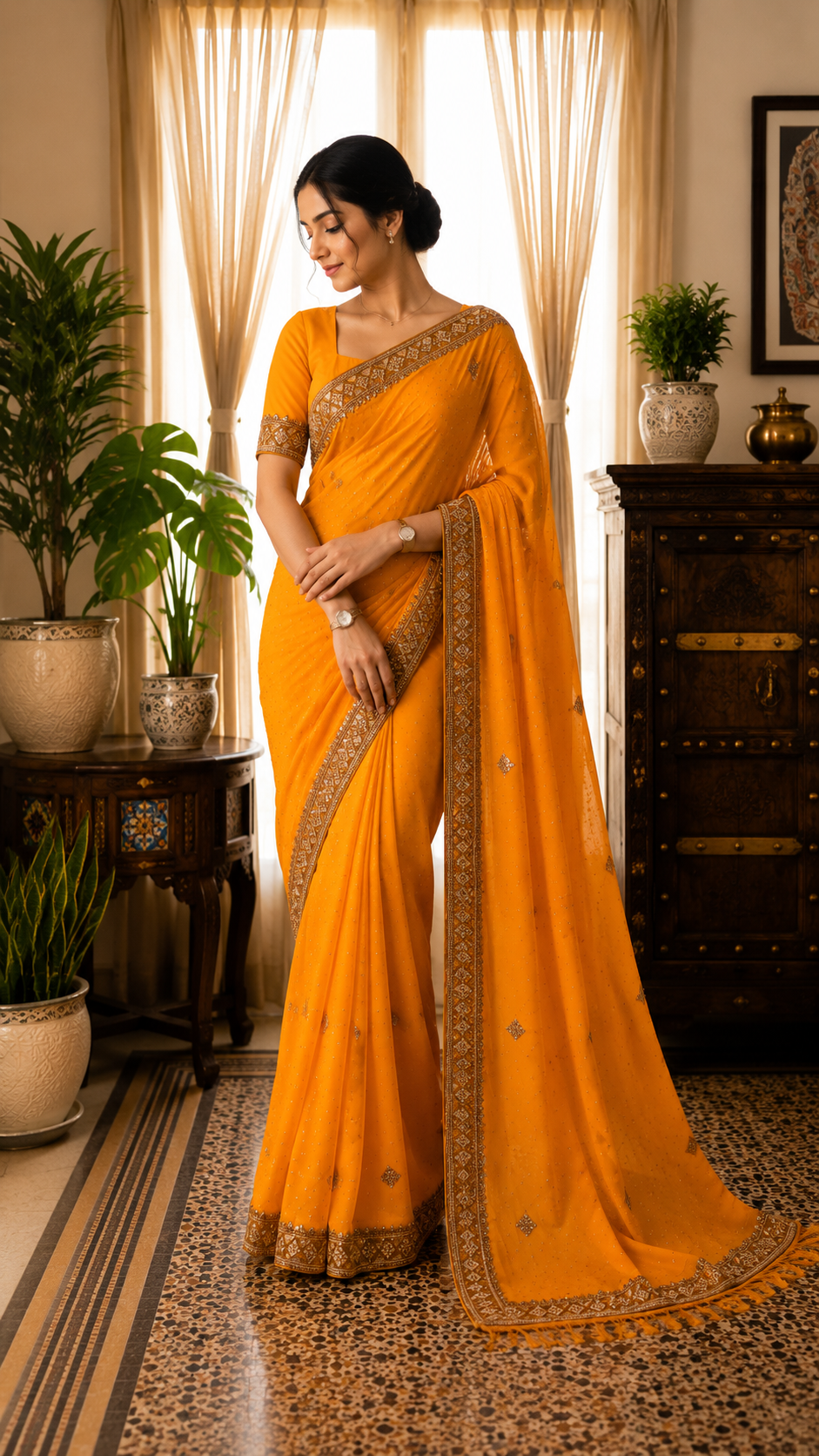 Yellow Designer Saree In Chiffon Georgette With Stone Work