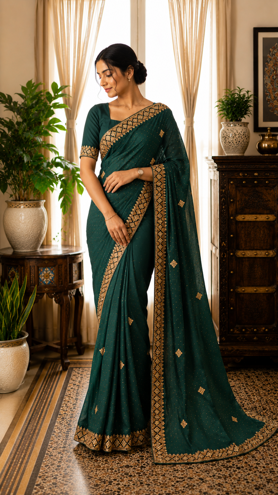 Bottel Green Designer Saree In Chiffon Georgette With Stone Work