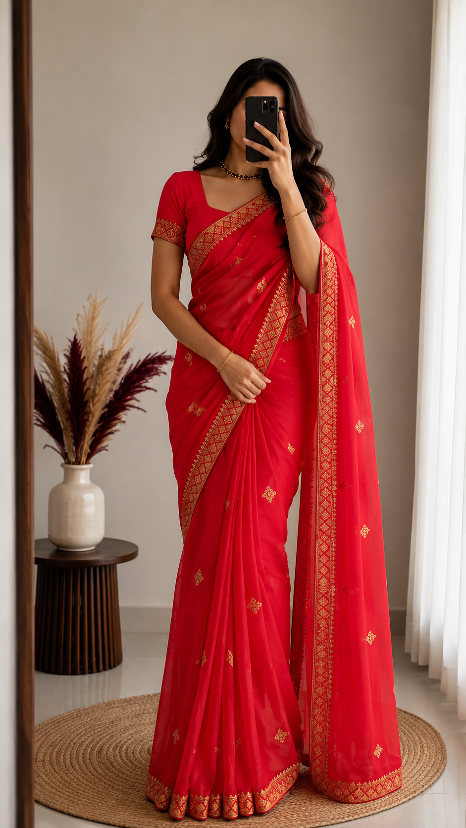 Red Designer Saree In Chiffon Georgette With Stone Work