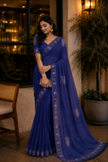 Nevy Blue Designer Georgette Sarees with embroidery Design and rhinestone work