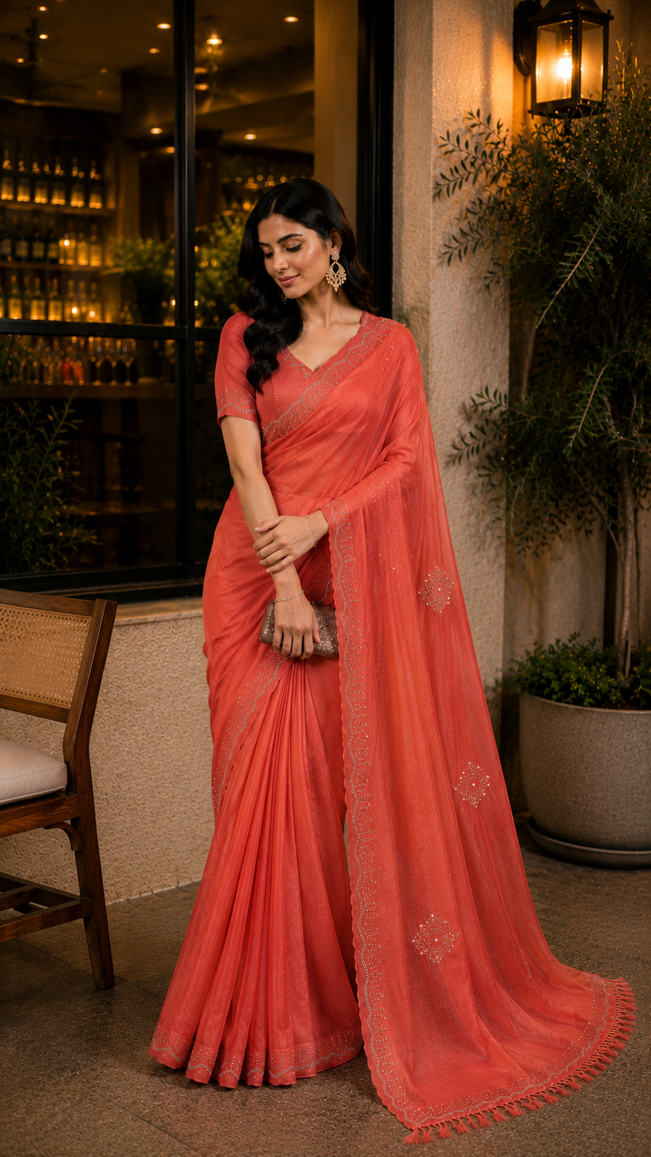 Coral Dual Shade Designer Georgette Sarees with embroidery Design and rhinestone work