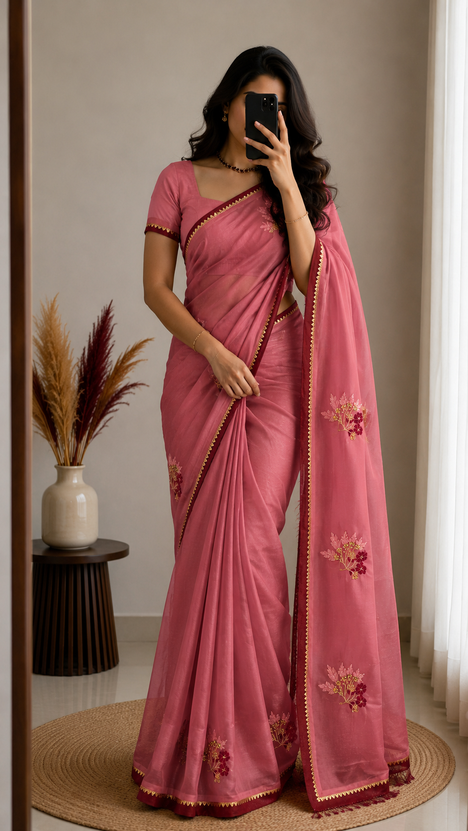 Peach Shimmer designer saree with rich embroidery design and golden tape border- CBG241