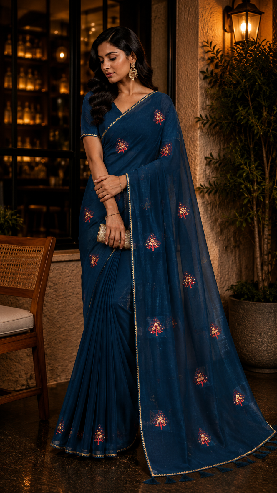 Blue Shimmer designer saree with rich embroidery design and golden tape border- CBG242