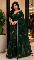 Bottel Green Shimmer designer saree with rich embroidery design and golden tape border- CBG244