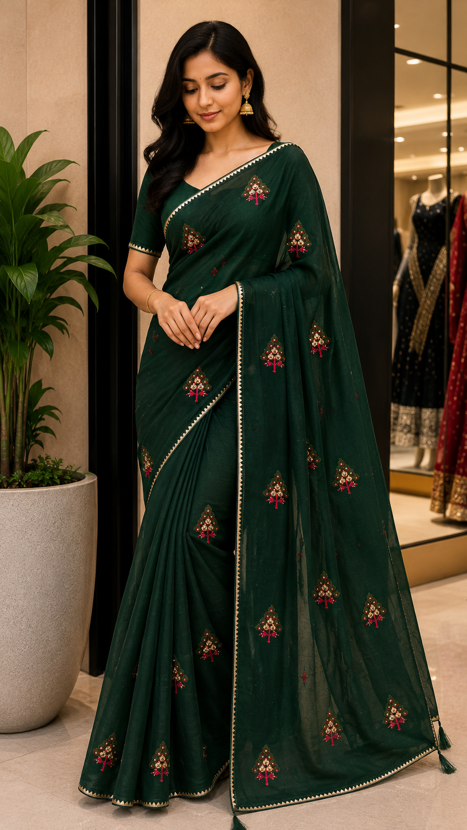 Bottel Green Shimmer designer saree with rich embroidery design and golden tape border- CBG244