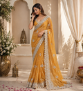 Saffron Yellow Luxury shimmer georgette designer saree with pastel embroidery ,mirror work, stone work with scalloped border and work blouse