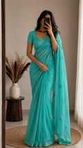 Turquoise Green pastel georgette with embroidery and stone work