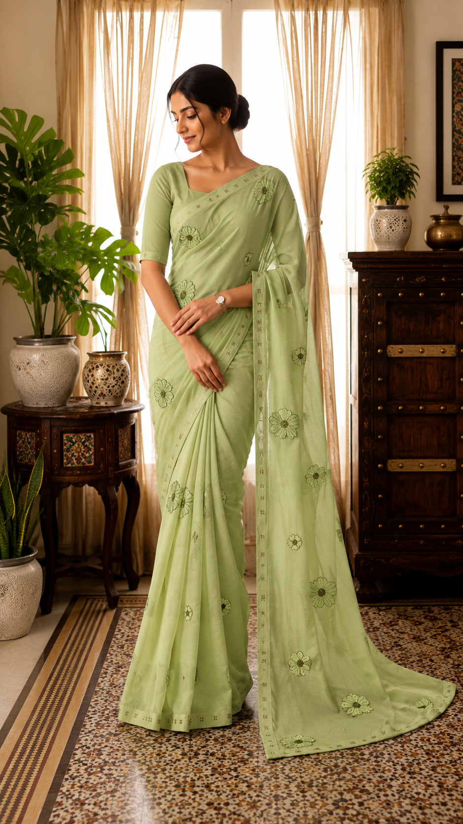 Green georgette with embroidery and stone work CES038