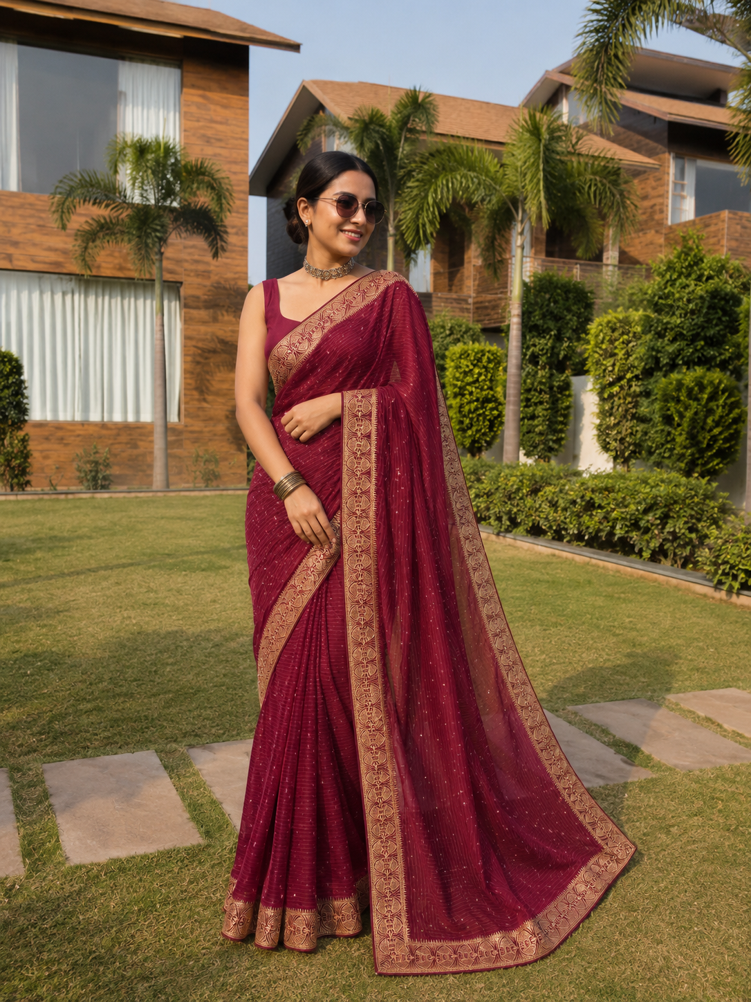Maroon Jimmychoo designer saree with stone work and rich border