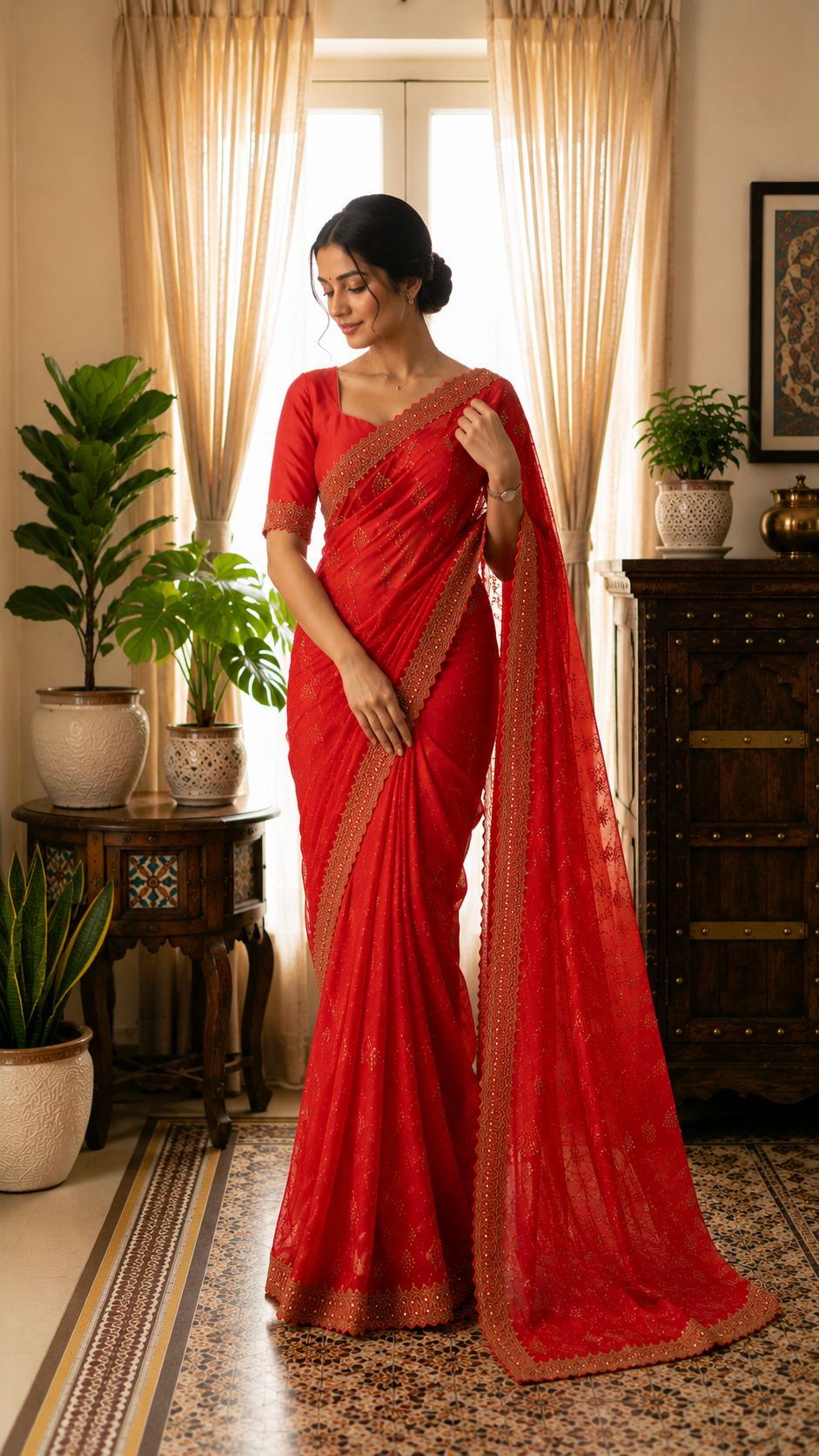 Red net designer saree with embroidery and mirror work