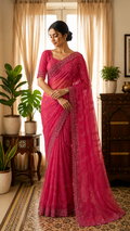 Hot pink net designer saree with embroidery and mirror work
