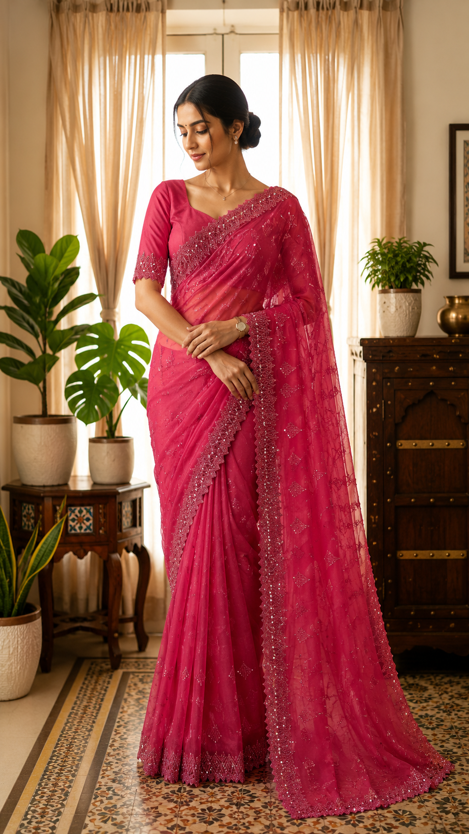Hot pink net designer saree with embroidery and mirror work