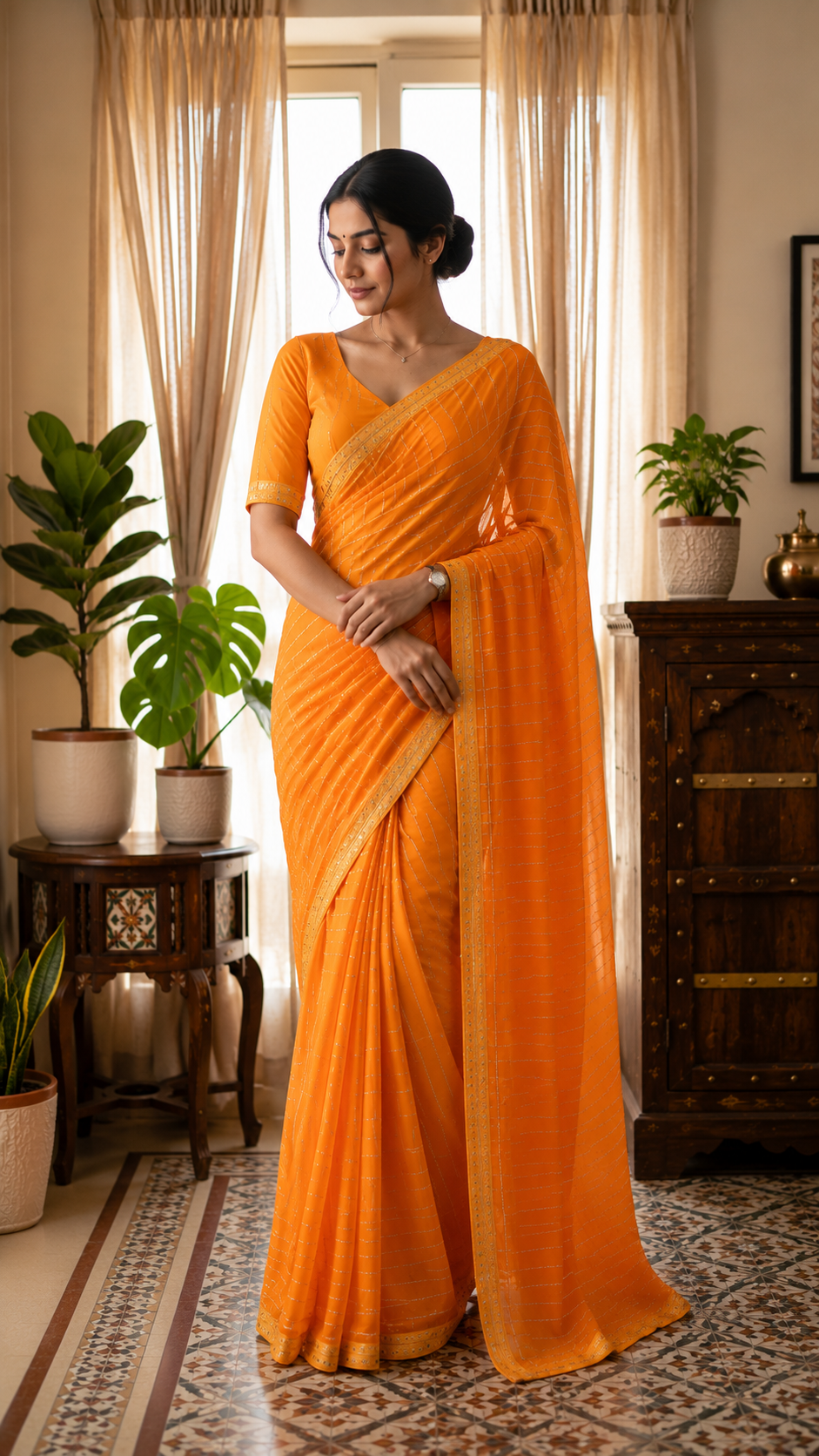 Mango Orange Wonderful Georgette Furry Strips with Stone Work Design Border