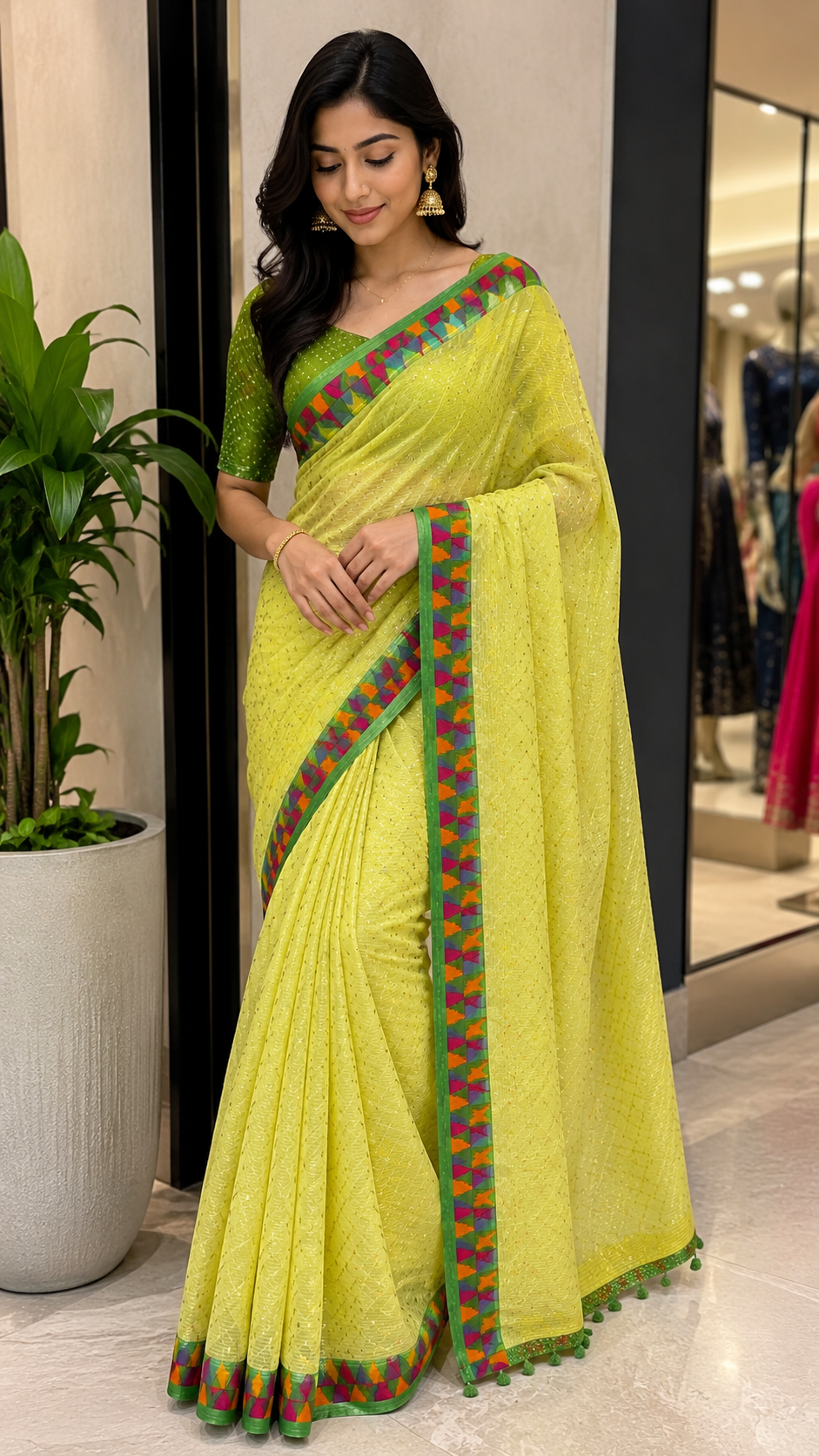 Chiffon in Pastel yellow with mango orange color and sequence designs all over the saree with bandhini borders and pallu