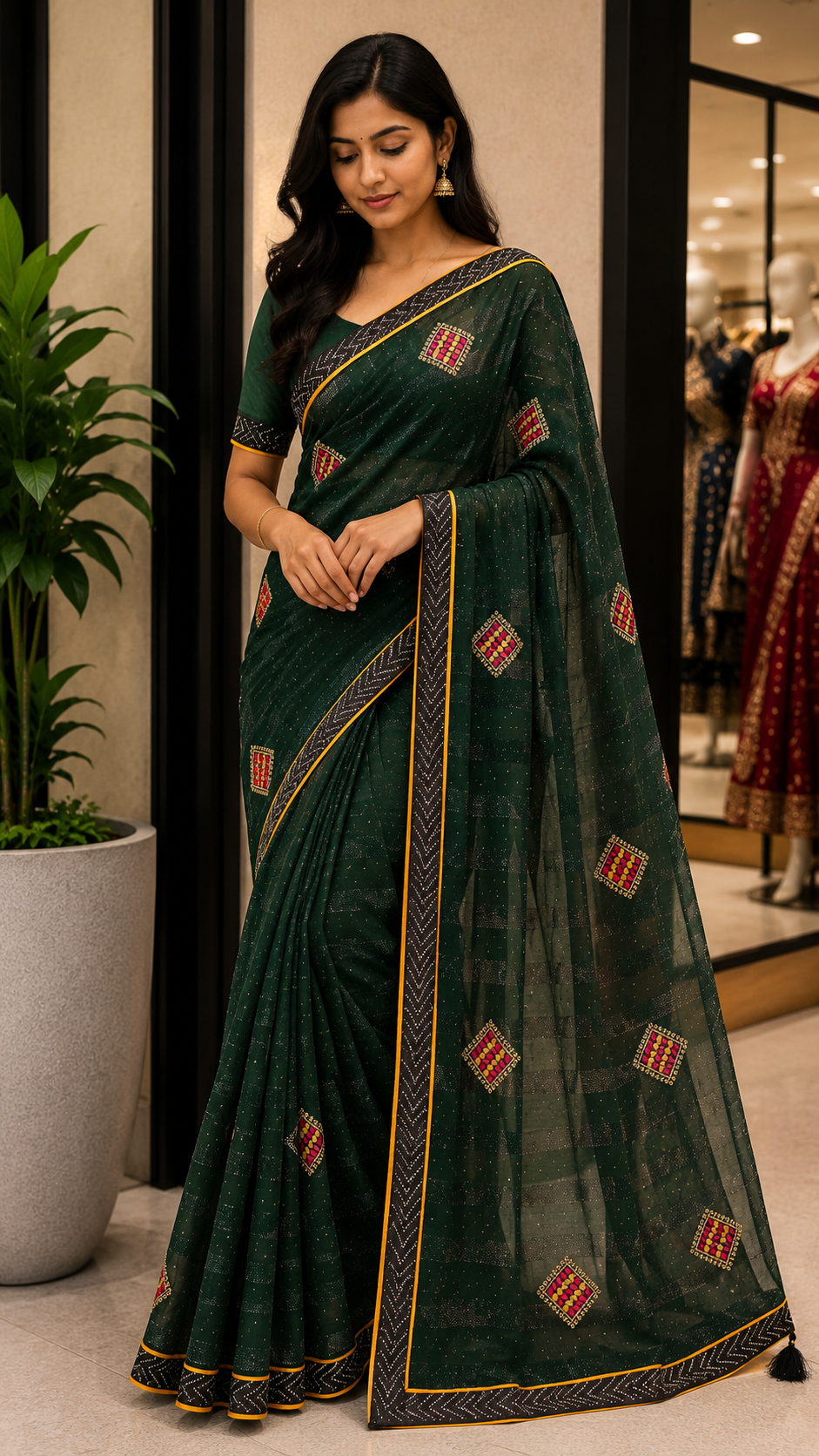 Designer Georgette Sarees in Bottle Green with embroidery Design and rhinestone work