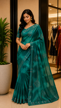 Teal green Soft net designer saree with rhinestone work and blouse