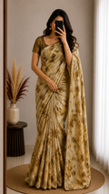 Sand Brown Satin blended Georgette designer saree inwith floral rhinestone work all over the saree
