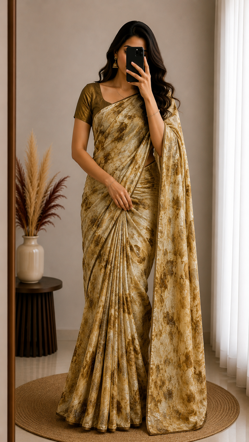 Sand Brown Satin blended Georgette designer saree inwith floral rhinestone work all over the saree
