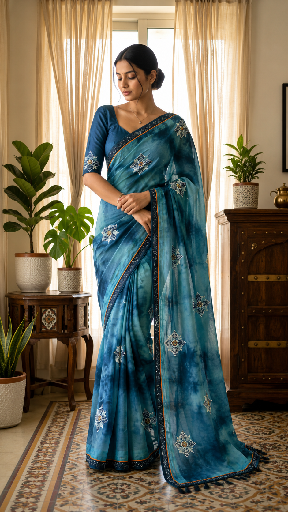 Teal Blue Soft Tie And Dye Chiffon With Rhinestone And Embroidery Work