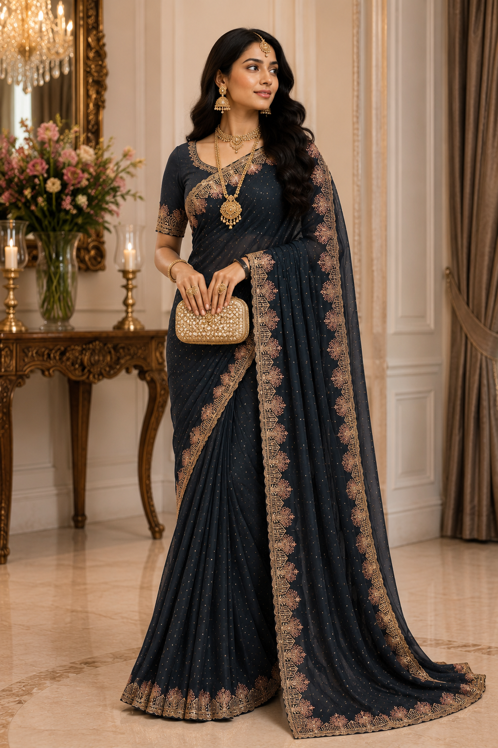 Black pure designer satin rhinestone and embroidery work