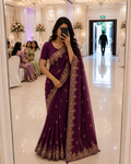 Wine Designer Saree In Shimmer Jimmy Choo With Rich Embroidery Designs And Work Blouse- EDS003