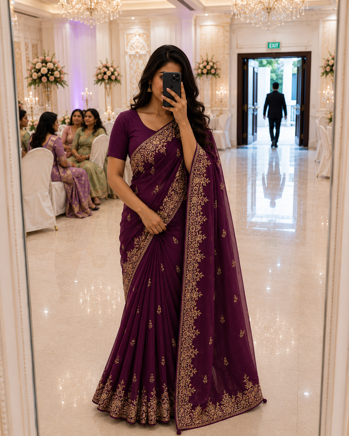 Wine Designer Saree In Shimmer Jimmy Choo With Rich Embroidery Designs And Work Blouse- EDS003