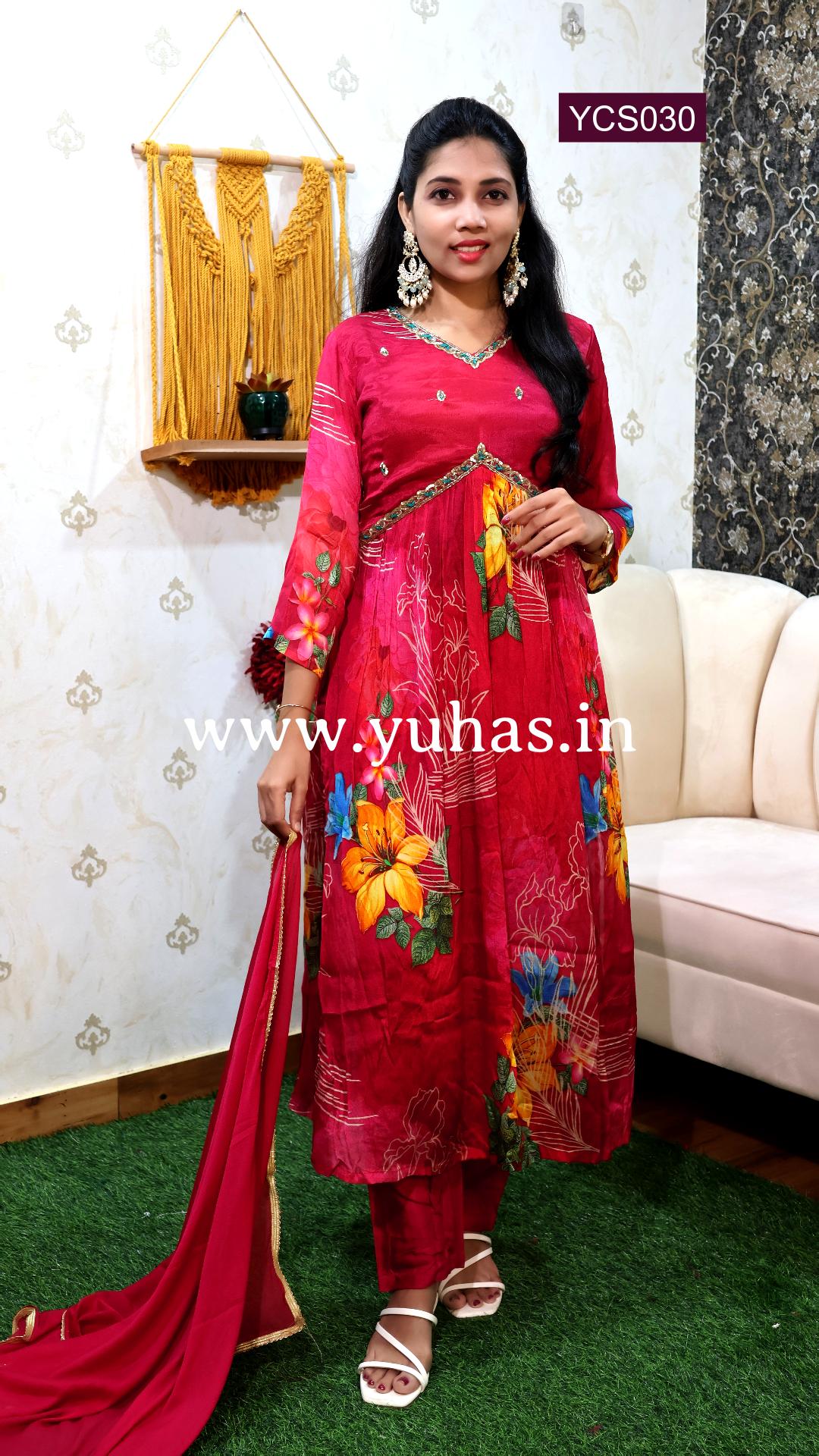 Ruby Pink Floral Printed Alia Cut Salwar Suit with Sequence and Bead Work - YCS030