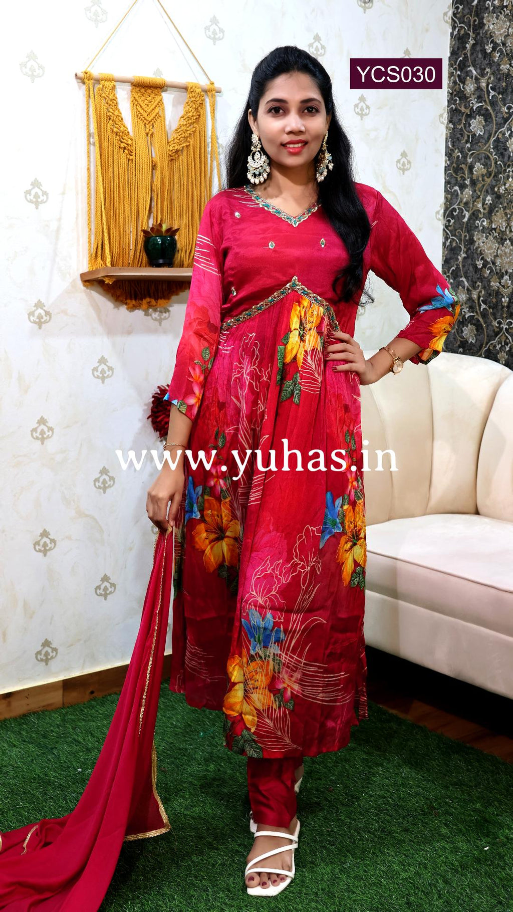 Ruby Pink Floral Printed Alia Cut Salwar Suit with Sequence and Bead Work - YCS030