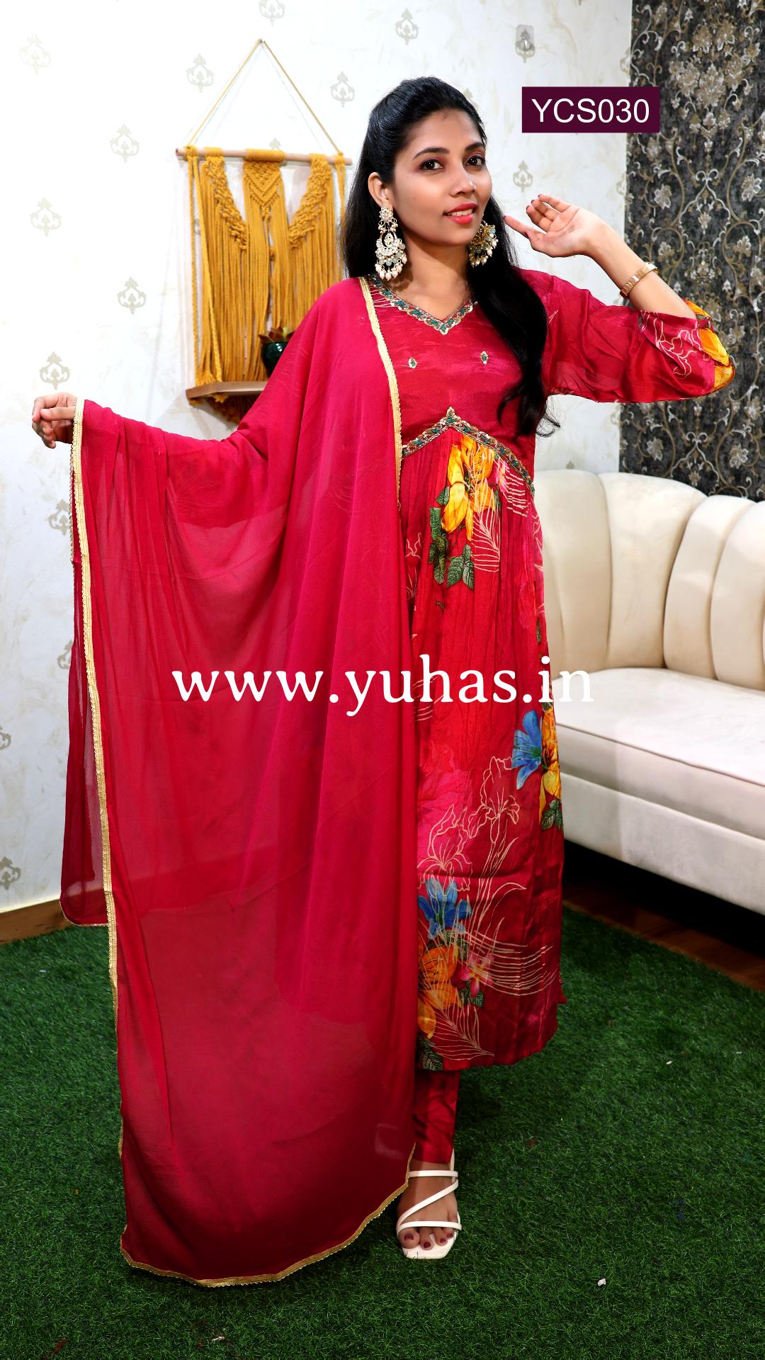 Ruby Pink Floral Printed Alia Cut Salwar Suit with Sequence and Bead Work - YCS030