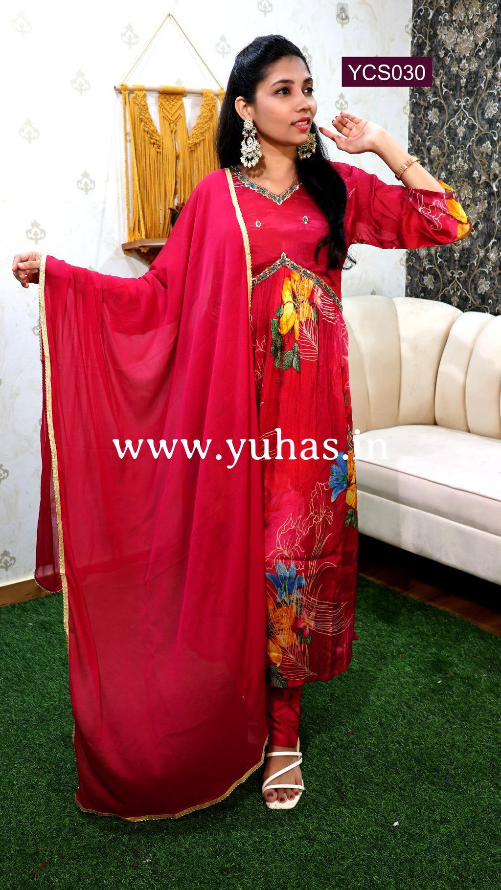 Ruby Pink Floral Printed Alia Cut Salwar Suit with Sequence and Bead Work - YCS030