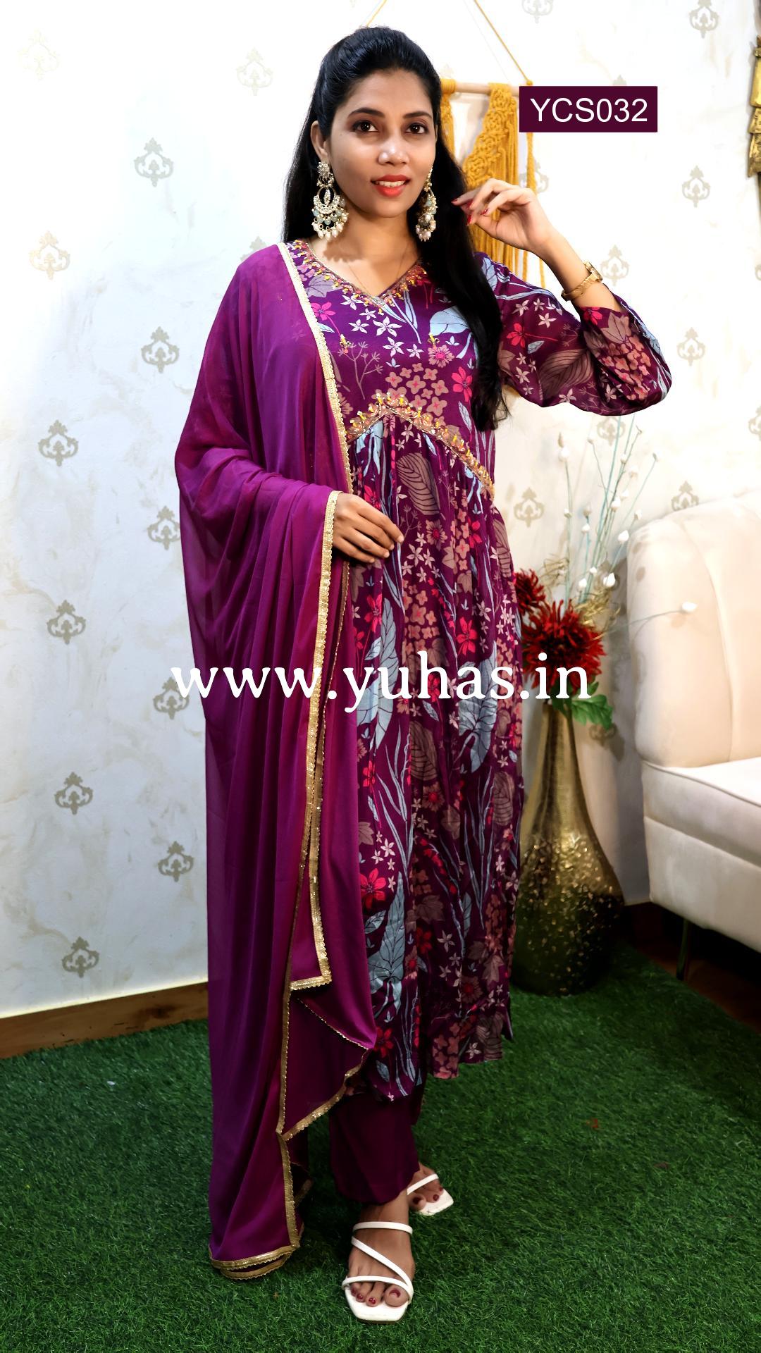 Indigo Blue Floral Printed Alia Cut Salwar Suit with Sequence and Bead Work - YCS032