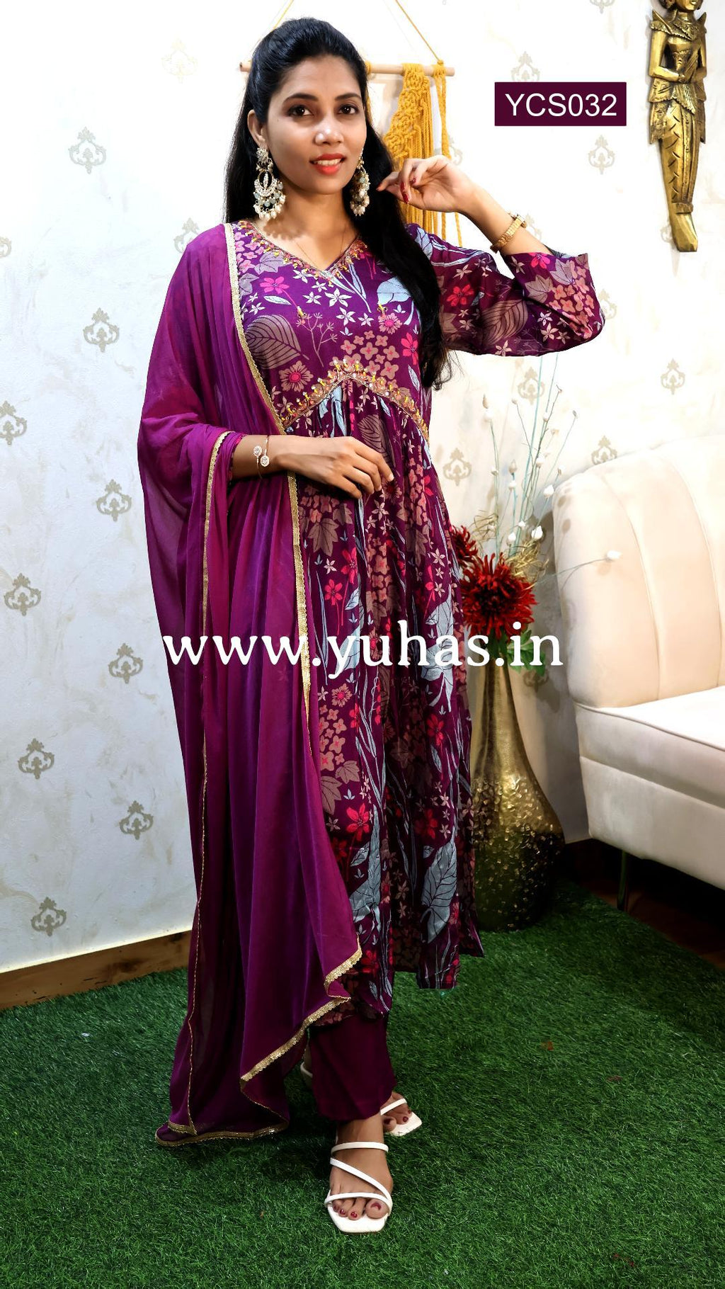Indigo Blue Floral Printed Alia Cut Salwar Suit with Sequence and Bead Work - YCS032