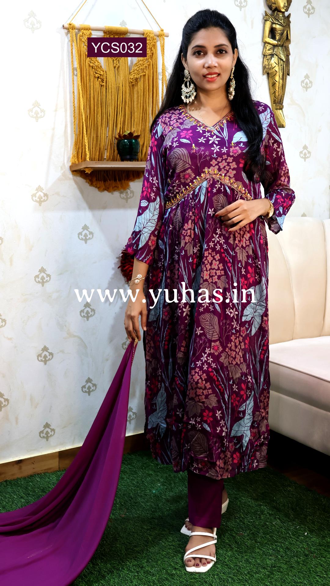 Indigo Blue Floral Printed Alia Cut Salwar Suit with Sequence and Bead Work - YCS032