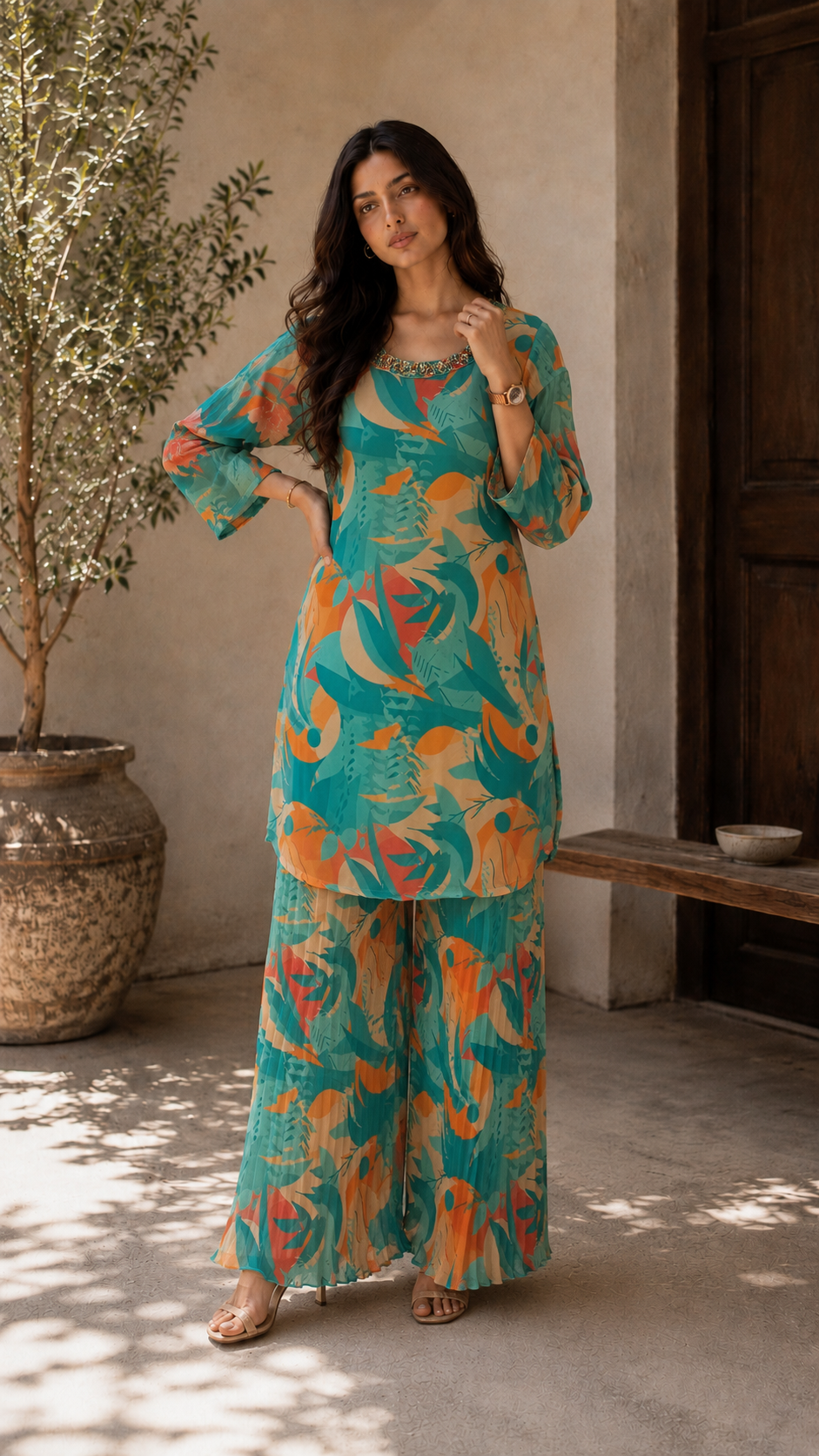 Seafoam Green Indo Western Style Top And Palazzo With Lining - YCS042
