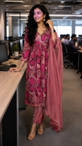 Pure Muslin in magenta color floral designs with neck work. - YCS044