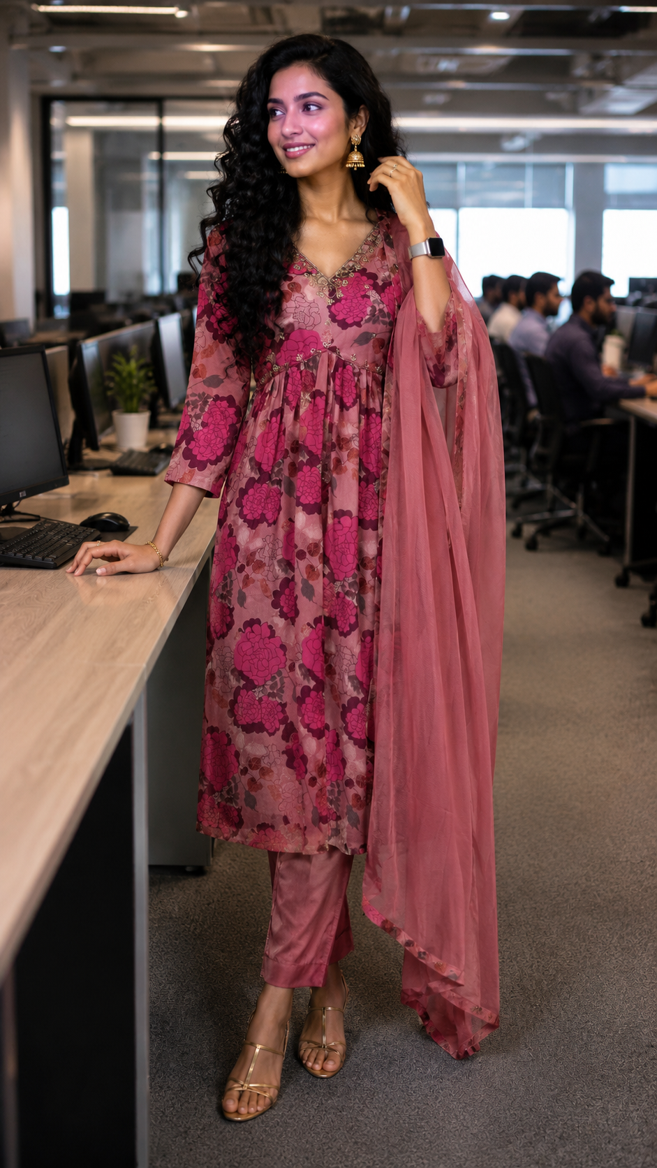 Pure Muslin in magenta color floral designs with neck work. - YCS044
